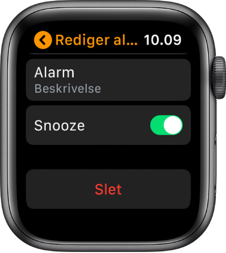 Skærmen Rediger alarm med knappen Slet nederst.