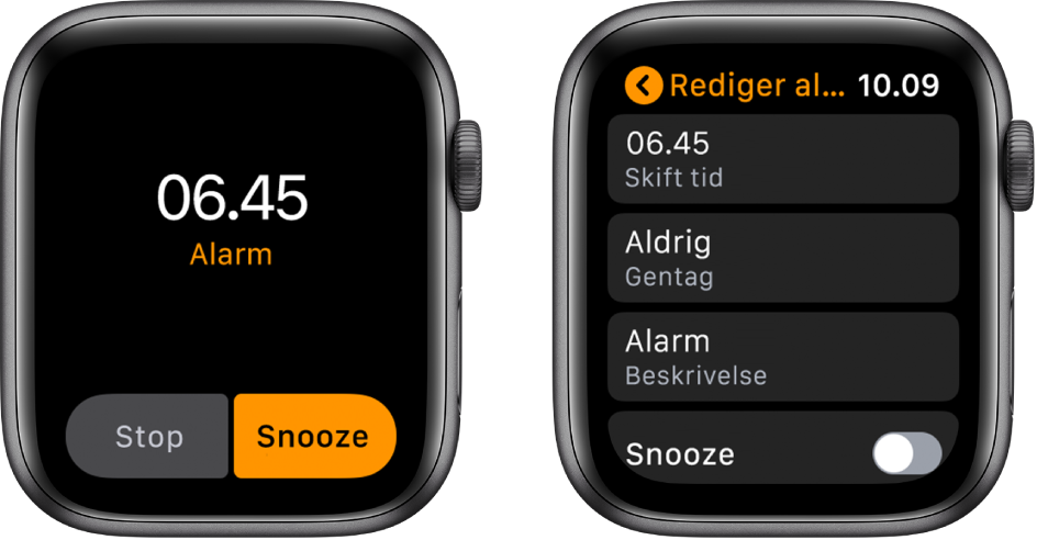To urskærme: En, der viser en urskive med en knap til udsættelse af en alarm, og en anden, der viser indstillingerne til Rediger alarm med knappen Snooze nederst.