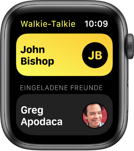 Die App „Walkie-Talkie“ mit einem Kontakt oben und einer eingeladenen Person unten.