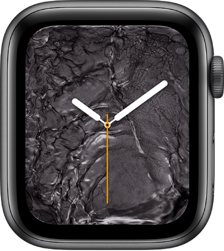 The Liquid Metal watch face showing an analog clock in the middle and liquid metal around it.