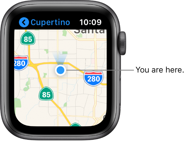 The Maps app showing a map. Your location is shown as a blue dot on the map. A blue fan is above the location dot, indicating that the watch is facing north.