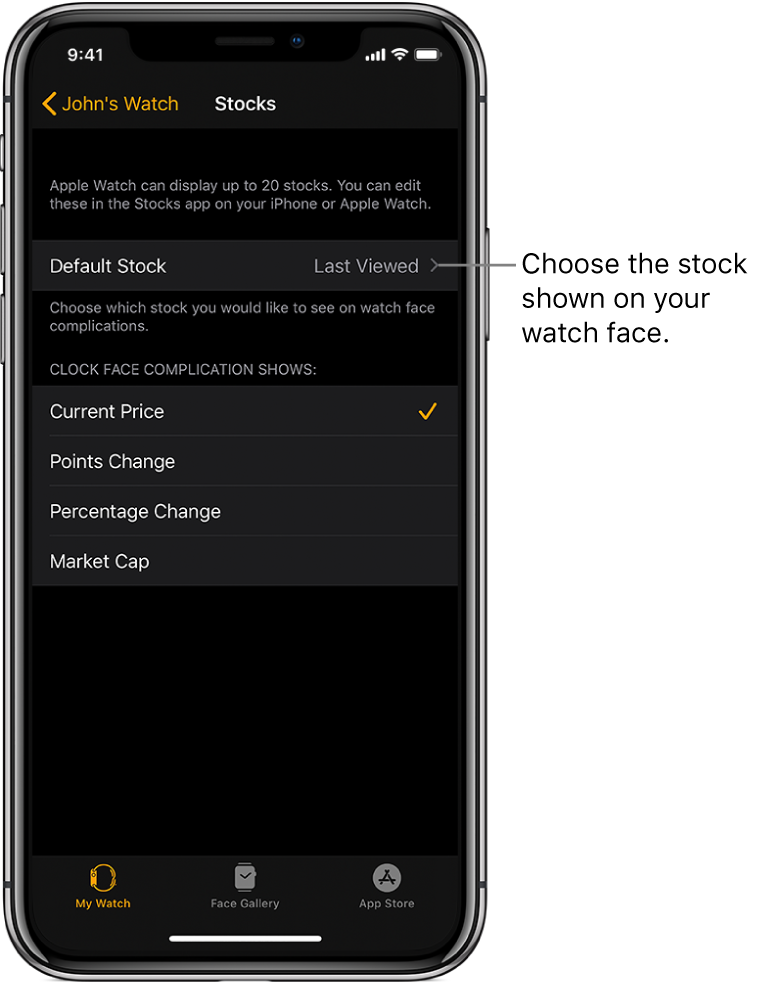 The Stock settings screen in the Apple Watch app on iPhone, showing options for choosing your Default Stock, which is set to Last Viewed.