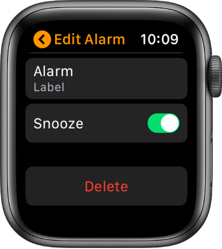 Edit Alarm screen, with the Delete button at the bottom.