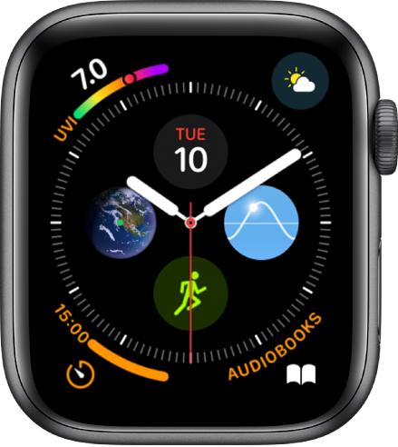 The Infograph watch face showing complications in each corner and four subdials in the middle.