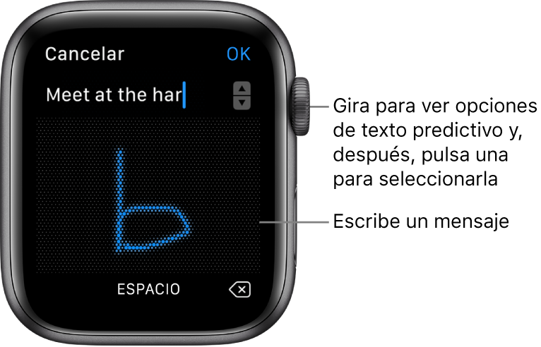 Pantalla donde puedes garabatear una respuesta a un mensaje. Las opciones de texto predictivo se muestran en la parte superior y el mensaje se escribe en el centro.