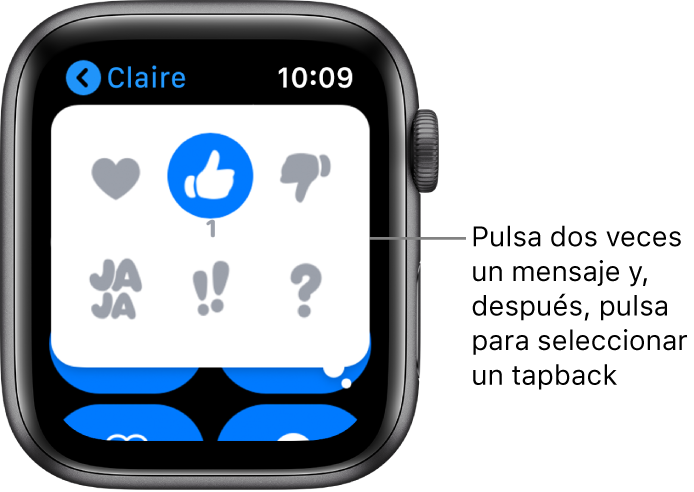 Conversación de Mensajes con opciones de Tapback: corazón, pulgar hacia arriba, pulgar hacia abajo, risa, doble signo de cierre de exclamación y signo de cierre de interrogación.