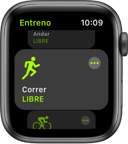 La pantalla Entreno, con el entreno Correr resaltado.