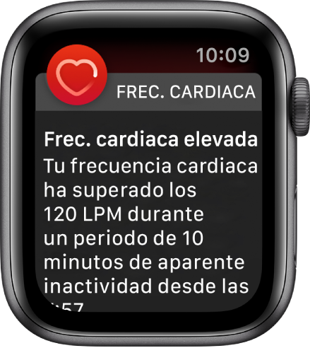 La pantalla de “Pulsaciones altas” con una notificación que dice que tu frecuencia cardiaca ha estado por encima de los 120 LPM mientras estabas en reposo durante 10 minutos.