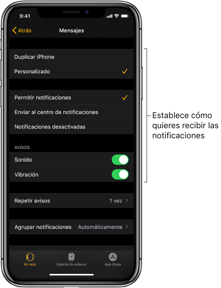 Ajustes de Mensajes en la app Apple Watch del iPhone. Puedes seleccionar si quieres que te muestren los avisos, que se active el sonido, que se active la vibración y que se repitan los avisos.