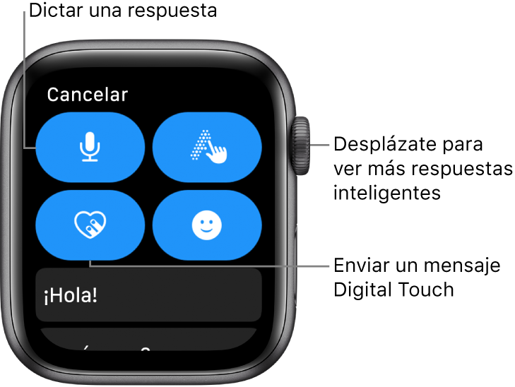 Pantalla de respuesta con los botones Dictar, “A mano”, “Digital Touch” y Emoji. Las respuestas inteligentes aparecen a continuación. Gira la corona Digital Crown para ver más respuestas inteligentes.