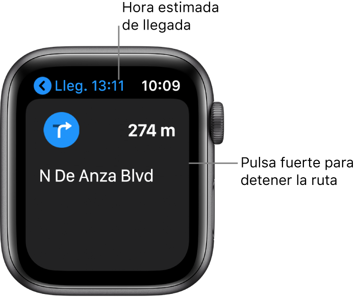 La app Mapas con la hora estimada de llegada arriba a la izquierda, el nombre de la calle por la que tienes que tienes que meterte y la distancia que te queda hasta llegar a esa calle. El texto de la pantalla indica: “Pulsa fuerte para detener las indicaciones”.