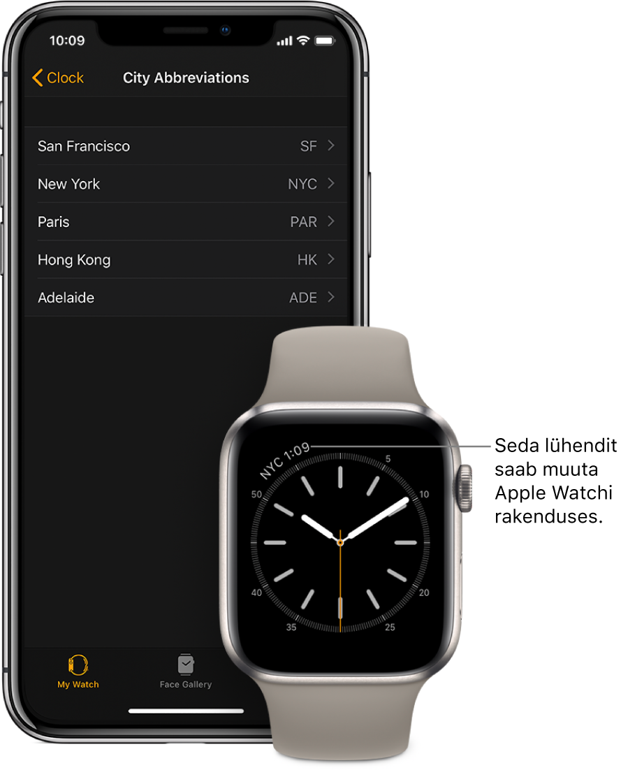 iPhone ja Apple Watch, üksteise kõrval. Apple Watchi ekraanil kuvatakse New York City kellaaega, kasutades lühendit NYC. iPhone'i ekraanil on rakendusest Apple Watch valitud Clock-seadete alt menüü City Abbreviations koos linnade loendiga.