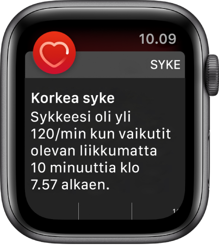 Korkea syke ‑näyttö, jossa näkyy ilmoitus, että sykkeesi nousi yli arvon 120/min aikana, jolloin et ollut aktiivinen 10 minuuttiin.