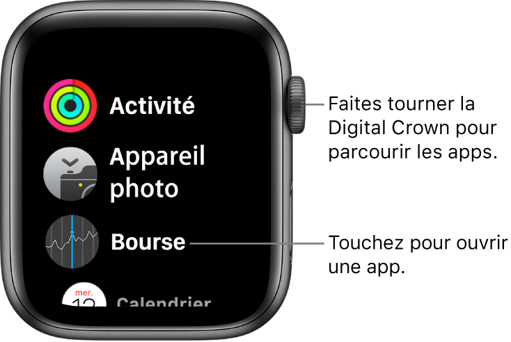 Écran d’accueil en présentation par liste sur l’Apple Watch, avec les apps disposées en liste. Touchez une app pour l’ouvrir. Faites défiler pour afficher plus d’apps.