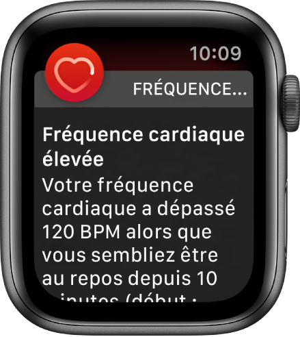 L’écran « Fréquence cardiaque élevée » affichant une notification mentionnant que votre fréquence cardiaque a dépassé 120 bpm pendant une période d’inactivité de 10 minutes.