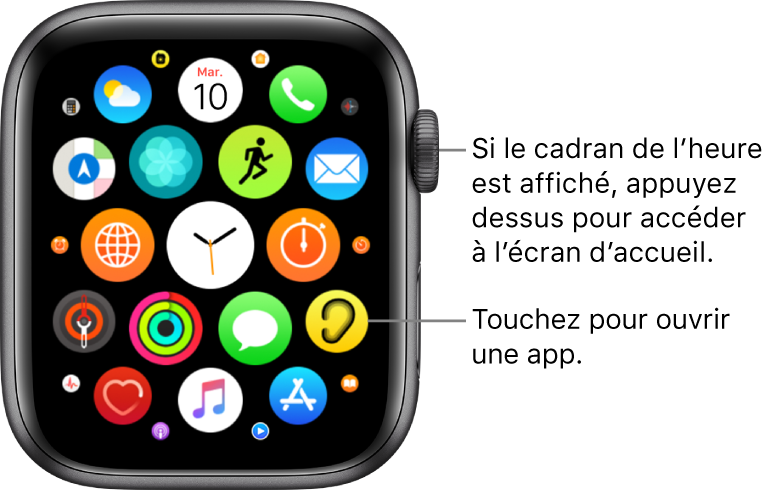 Écran d’accueil en présentation en grille sur l’Apple Watch, avec les apps disposées en grappe. Touchez une app pour l’ouvrir. Faites glisser pour afficher plus d’apps.