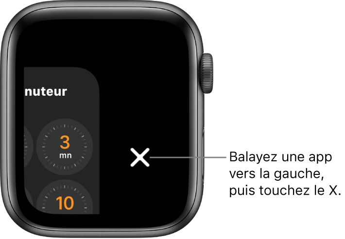 Dock après que vous avez balayé une app vers la gauche, avec le bouton X à droite.