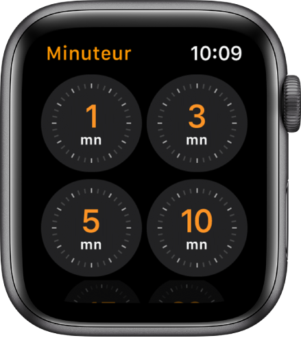 Écran de l’app Minuteur, montrant des durées de 1, 3, 5, ou 10 minutes.