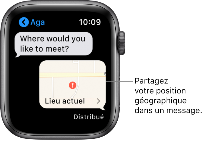 Écran Messages affichant un plan de la position géographique de l’expéditeur.