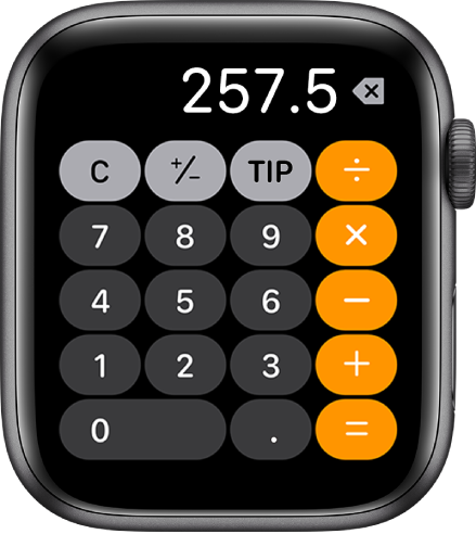 「計算機」Appが表示されているApple Watch。画面には一般的なテンキーが表示されており、右側に計算用の機能があります。上部には「C」、「+/-」、「TIP」の各ボタンがあります。