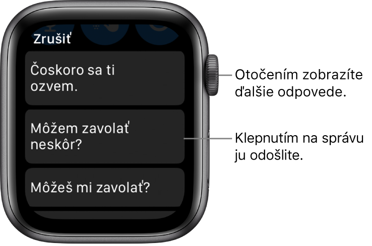 Obrazovka apky Správy zobrazujúca tlačidlo Zrušiť v hornej časti a tri prednastavené odpovede („Odpoviem vám neskôr“, „Môžem vám zavolať neskôr?“ a „Môžete mi, prosím, zavolať?“).