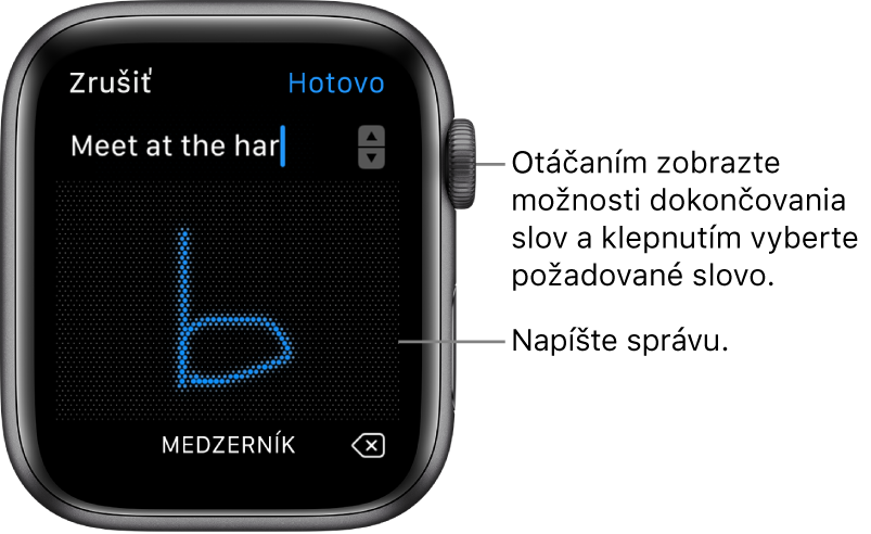 Obrazovka, na ktorej rukou napíšete odpoveď. V hornej časti sa zobrazia možnosti prediktívneho textu, správu píšete v strede obrazovky.