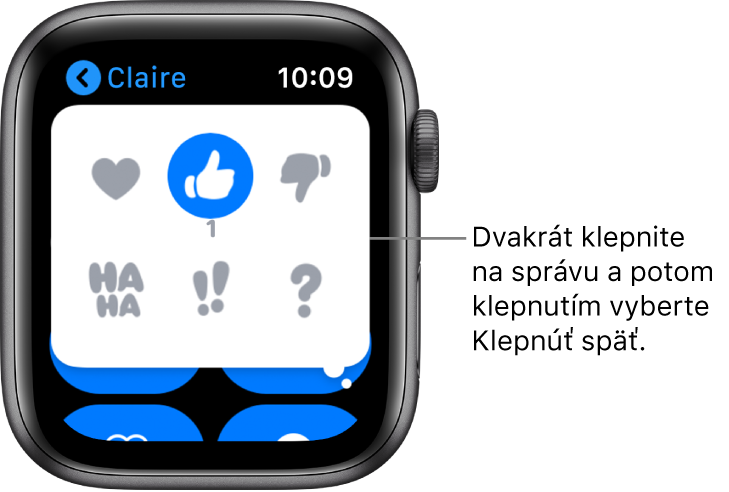 Konverzácia v aplikácii Správy s možnosťami funkcie Tapback: srdce, palec nahor, palec nadol, smiech, !! a ?.