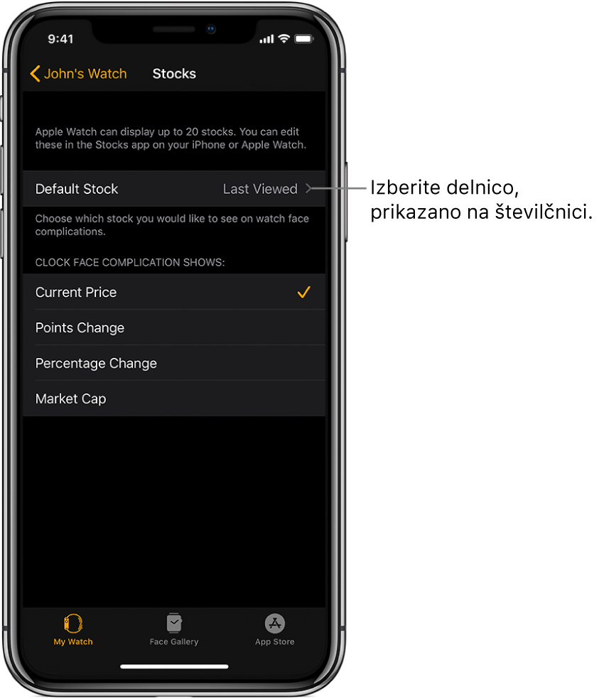 Zaslon nastavitev aplikacije Stocks (Delnice) v aplikaciji Apple Watch v napravi iPhone, ki prikazuje možnosti za izbiro v naslovu Default Stock (Privzeta delnica), ki je nastavljena na možnost Last Viewed (Nazadnje ogledana).