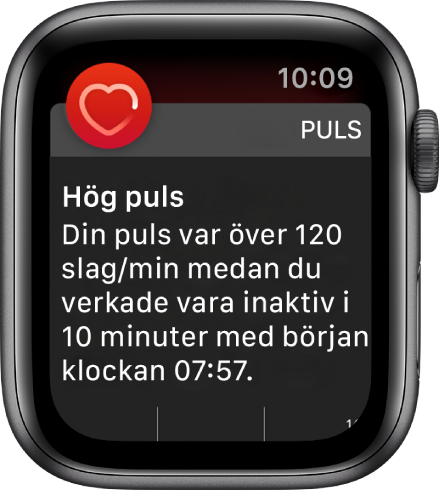 Skärmen Hög puls med ett meddelande om att din puls har överskridit 120 slag/minut samtidigt som du har varit inaktiv under 10 minuter.