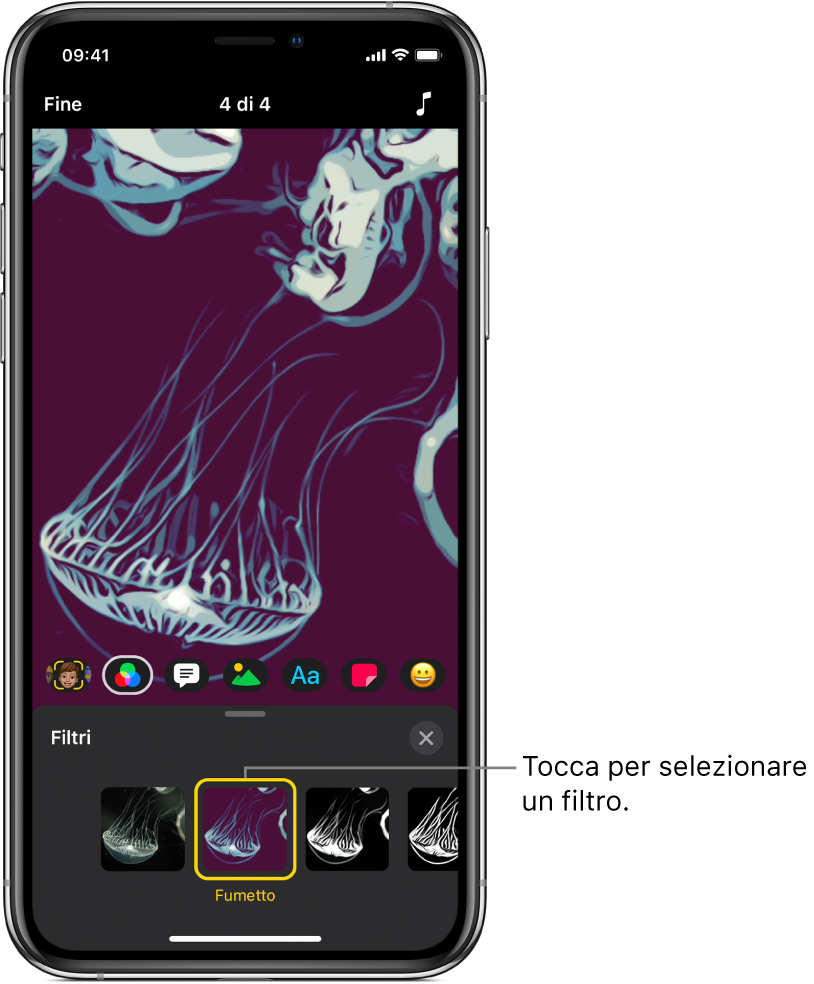 L'immagine di un video nel visualizzatore, con Filtri e il filtro Fumetto selezionati.