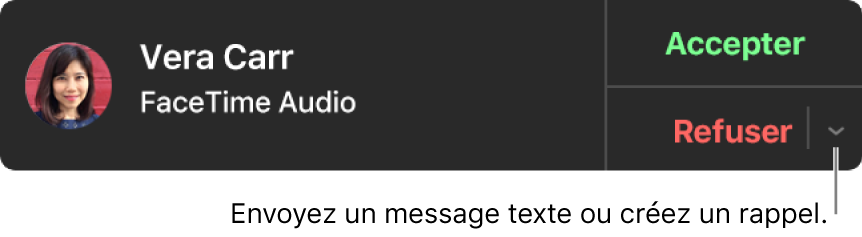 Cliquez sur la flèche en regard de Refuser dans la notification pour envoyer un message texte ou créer un rappel.