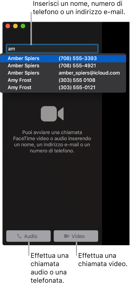 Inserisci un nome, numero di telefono o indirizzo e-mail nella barra di ricerca. Fai clic sul pulsante Video per effettuare una chiamata FaceTime video. Fai clic sul pulsante Audio per effettuare una telefonata o una chiamata FaceTime audio.