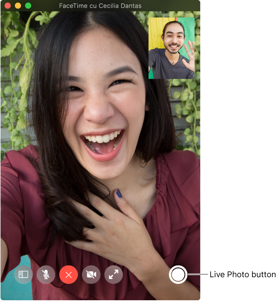 Deplasați cursorul deasupra ferestrei FaceTime pentru a vedea butonul Live Photo.