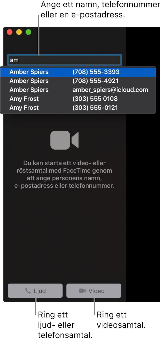 Ange ett namn, ett telefonnummer eller en e-postadress i sökfältet. Klicka på knappen Video för att ringa ett FaceTime-videosamtal. Klicka på knappen Ljud för att ringa ett FaceTime-röstsamtal eller ett telefonsamtal.