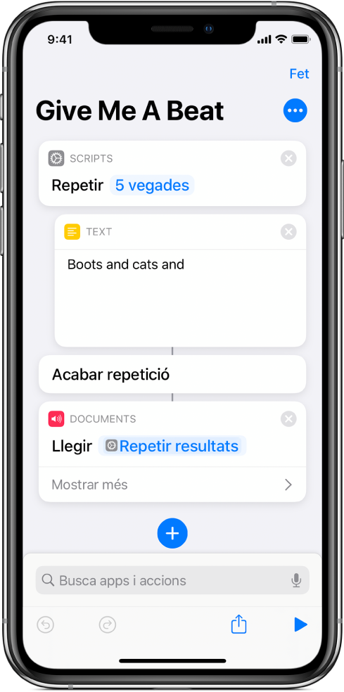 L’acció Text en un acció Repetir configurada per repetir‑se 5 vegades.