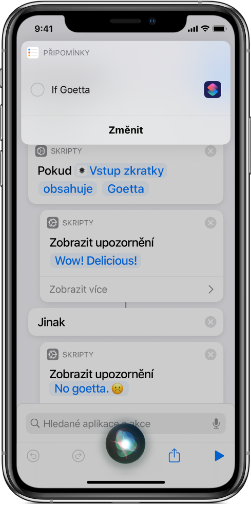 Obrazovka Siri se znázorněným přidáním zkratky do vašich připomínek