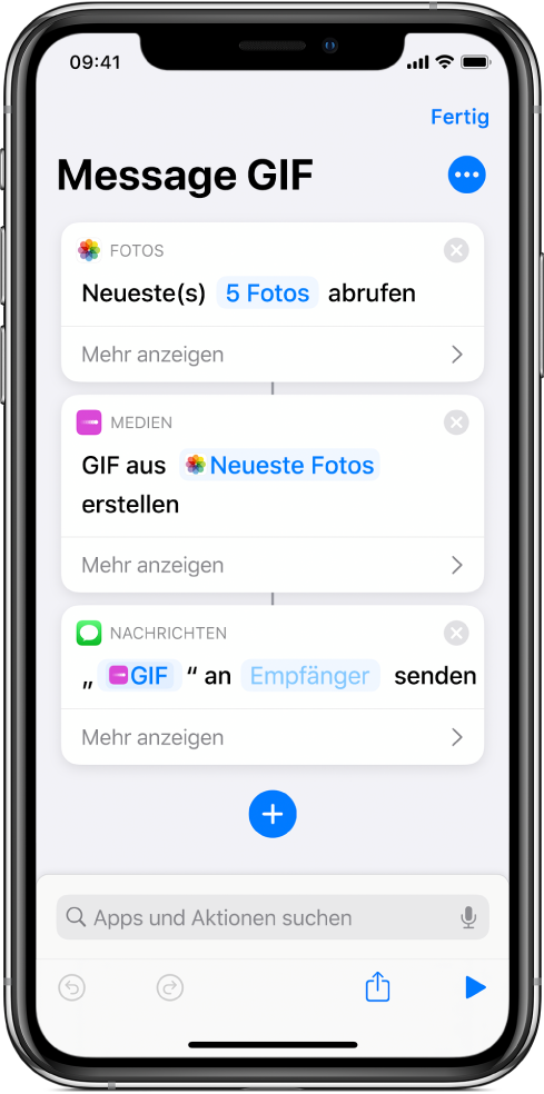 Der Kurzbefehleditor mit Aktionen zum Senden einer Nachricht mit Fotos als animiertes GIF-Bild