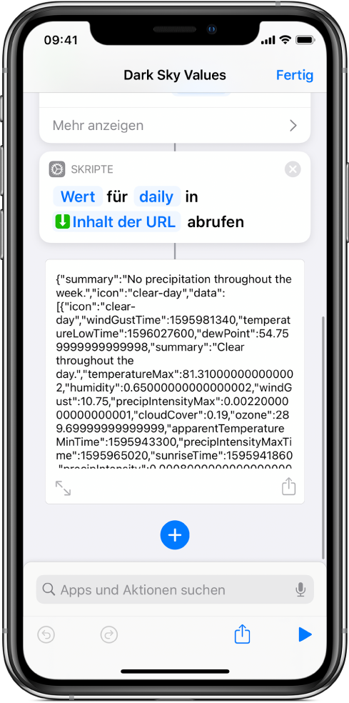 Kurzbefehleditor mit der Aktion „Wörterbuchwert abrufen“ und dem auf „daily“ eingestellten Schlüssel.