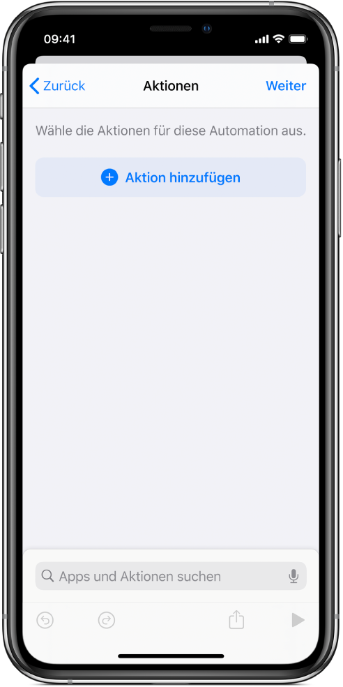 Eine leere Automation im Automationseditor der App „Kurzbefehle“.