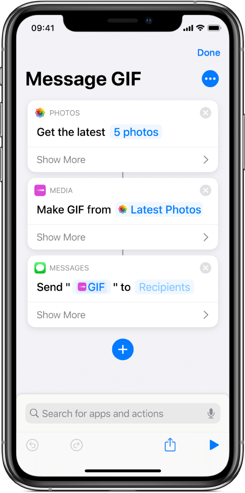 Shortcut editor showing actions used to send a message with photos as an animated GIF.