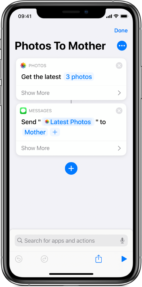 Shortcut containing a Get Latest Photos action and a Send Message action.