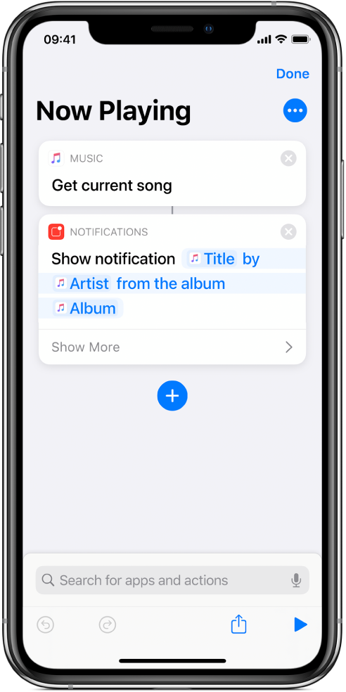 Show Notification action in the shortcut editor and Music Now Playing alert called by the Show Notification action.