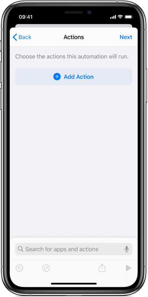 An empty automation in the automation editor of the Shortcuts app.