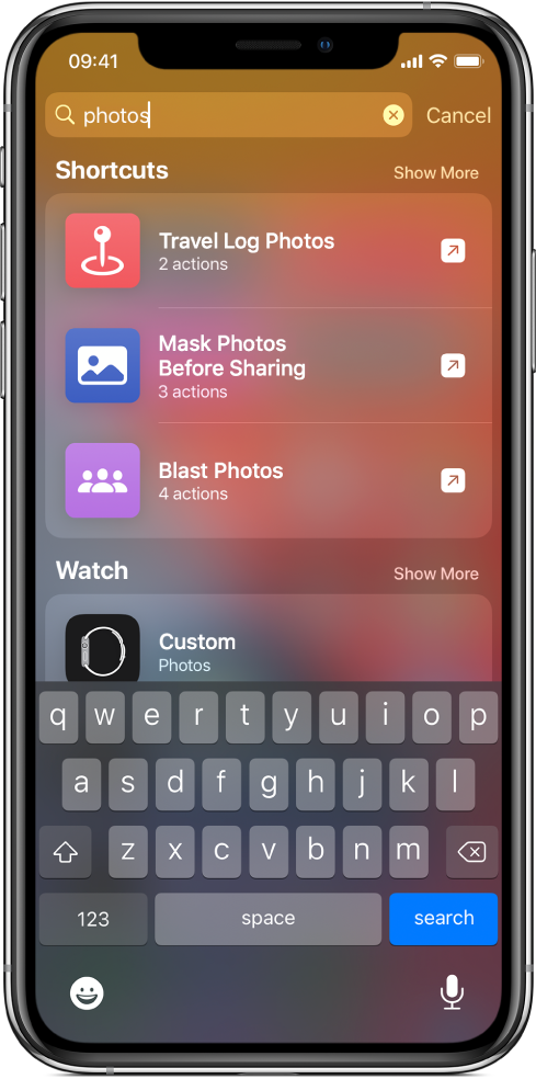 Search for the shortcut keyword “photos”, and the results of the search: “Run Send Photos To Mother”, “Run Photos to GIF” and “Run Mask Photos Before Sharing” shortcuts.