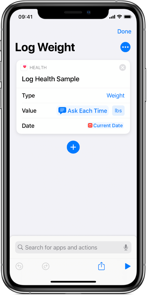 Ask Each Time variable token in the Date field of the Log Health Sample action.