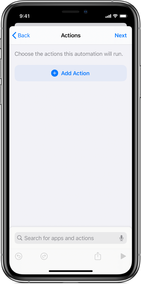 An empty automation in the automation editor of the Shortcuts app.