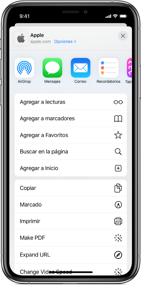 Atajos en la hoja de compartir de Safari.