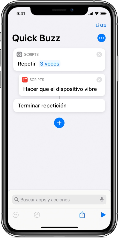 La acción "Hacer que el dispositivo vibre" con la clave "Repetir 3 veces"