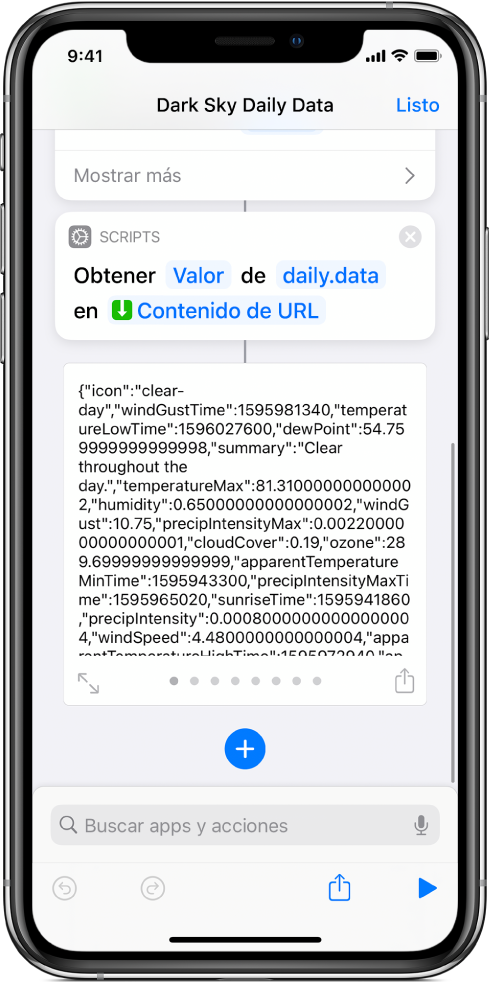 La acción "Obtener valor del diccionario" en el editor de atajos con la clave "datos" seleccionada