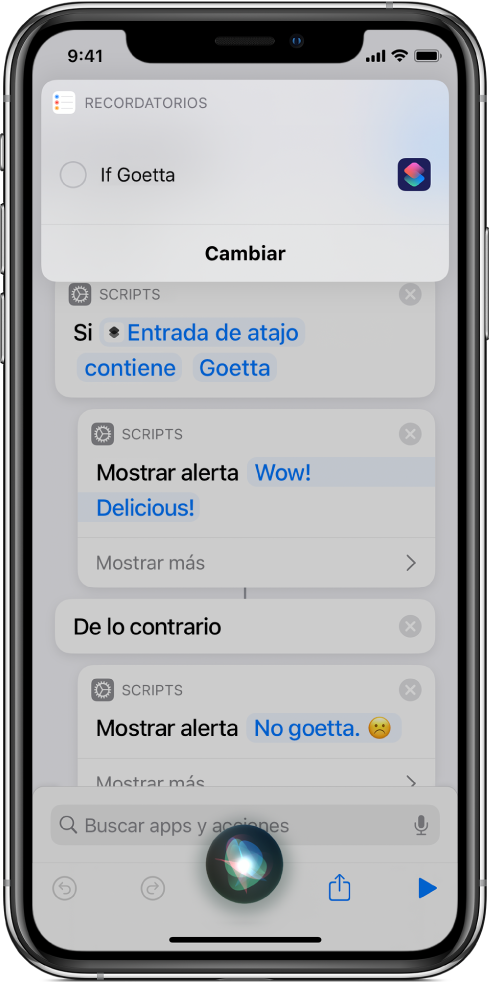 La pantalla de Siri mostrando la adición de un atajo a los recordatorios